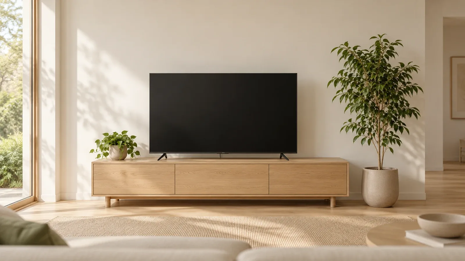 Petit pot végétal à gauche du meuble TV en bois clair et plante artificielle au sol à droite, avec écran noir et rangements dégagés.